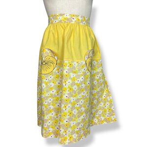 Vintage Hostess Apron Half Floral Pockets Yellow White Retro Tie‎ Waist Bright